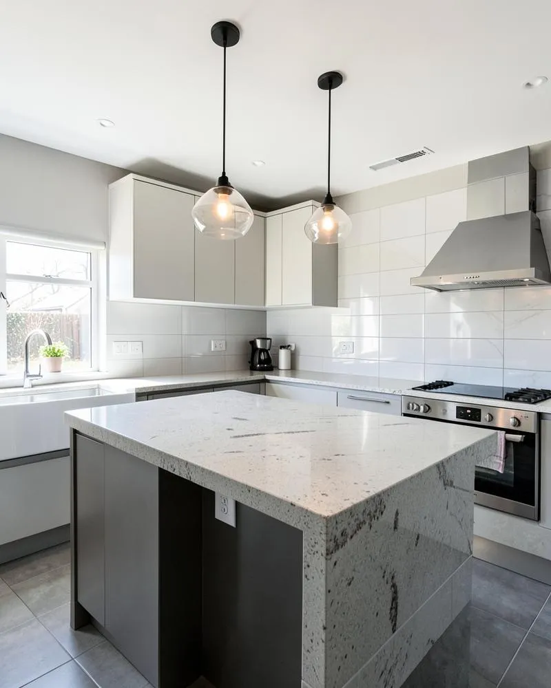 Cozinha moderna com bancada em porcelanato e iluminação LED — acabamentos disponíveis no Grupo Barbosa Home Center