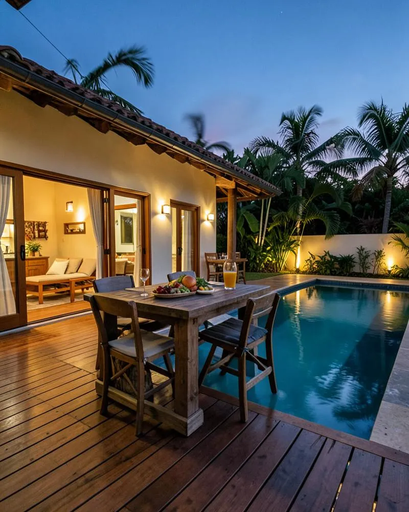 Área externa com deck, pastilhas e iluminação de jardim — soluções do Grupo Barbosa Home Center