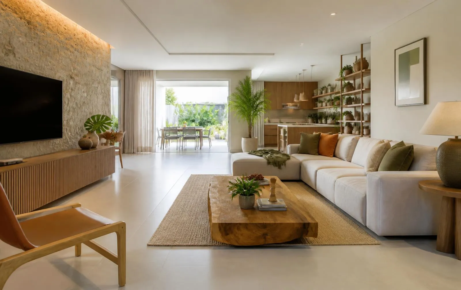 Sala de estar com pisos de grande formato e decoração contemporânea — acabamentos encontrados no Grupo Barbosa Home Center