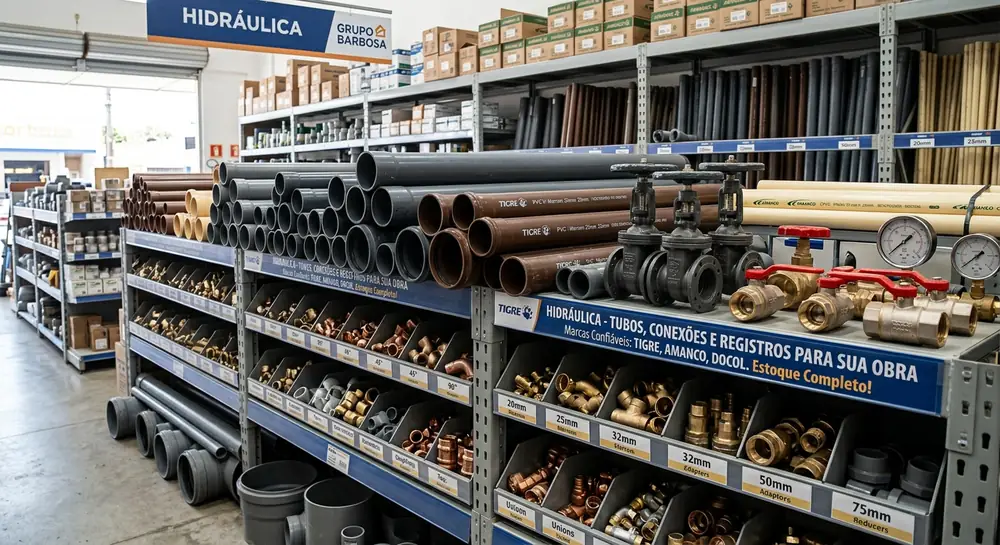 Painel com materiais e peças de hidráulica